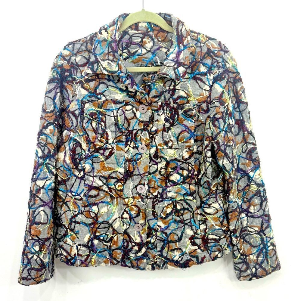 KakTus Gray Colorful All Over Yarn Embellished Button Front Blazer Jacket - Picture 1 of 16